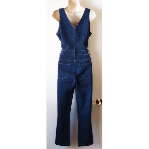 7FAM Denim Zip-Up Cropped Jumpsuit M Dark Wash Stretch Sleeveless - Picture 4 of 12